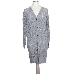 Grace Karin Womens L Longline Gray Openwork Cardigan Sweater Button Up‎ Duster
